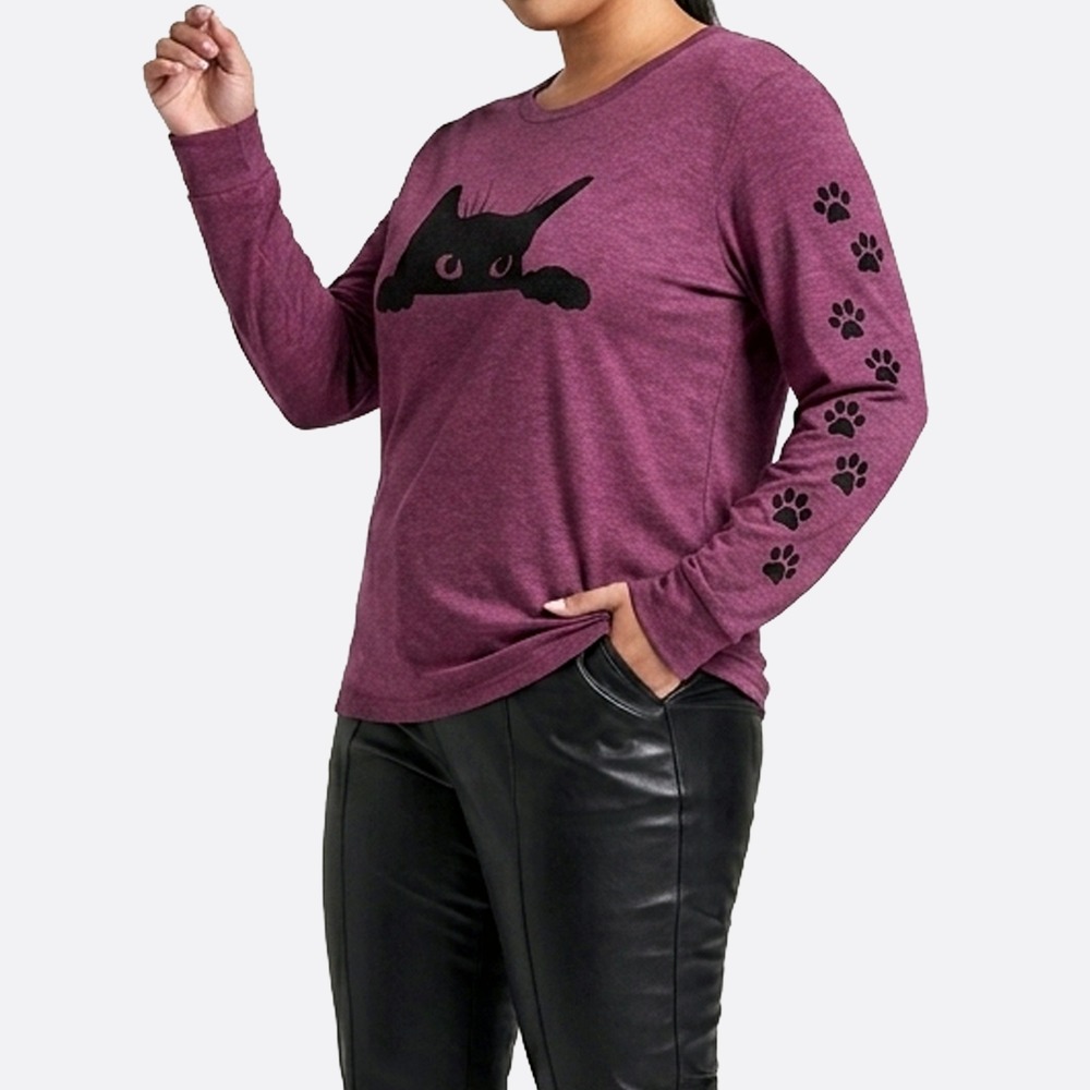 Peeking Black Cat Graphic Long Sleeve Tee L‎ XL 1X 12 14 Plum Purple Paw Prints